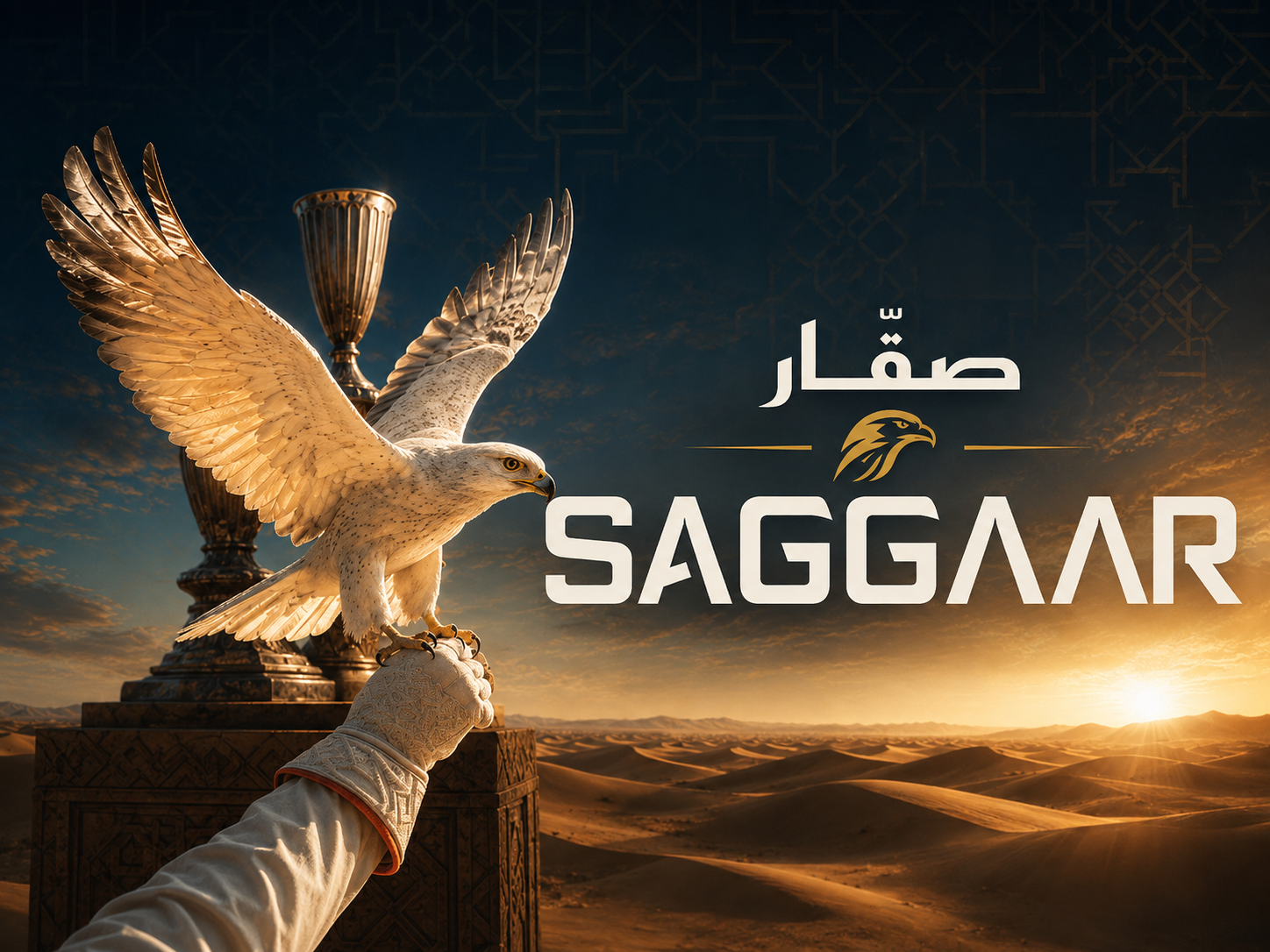 صقر أبيض على يد صقّار، أمام الصحراء عند الغروب وشعار صقّار
